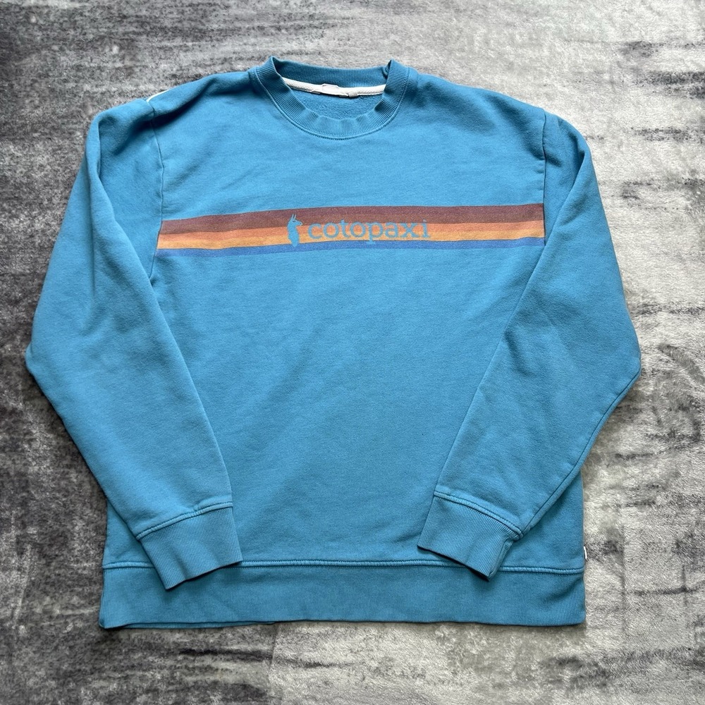 Cotopaxi Crewneck Sweatshirt Large Blue Retro Stripe Logo Pullover Hiking Camp